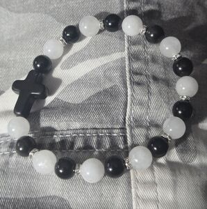 Elegant Black  Obdidian and White Jade Beaded Bracelet With Black Cross.